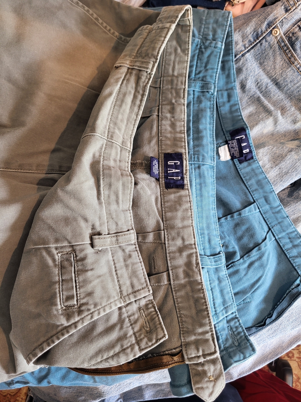 GAP Mens Chino Shorts in Olive Green and Teal, Size 12, Side Zip, Set Of 2